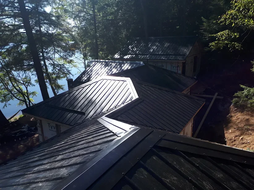 Dark standing seam roof plane on a lakefront project with trees beyond.