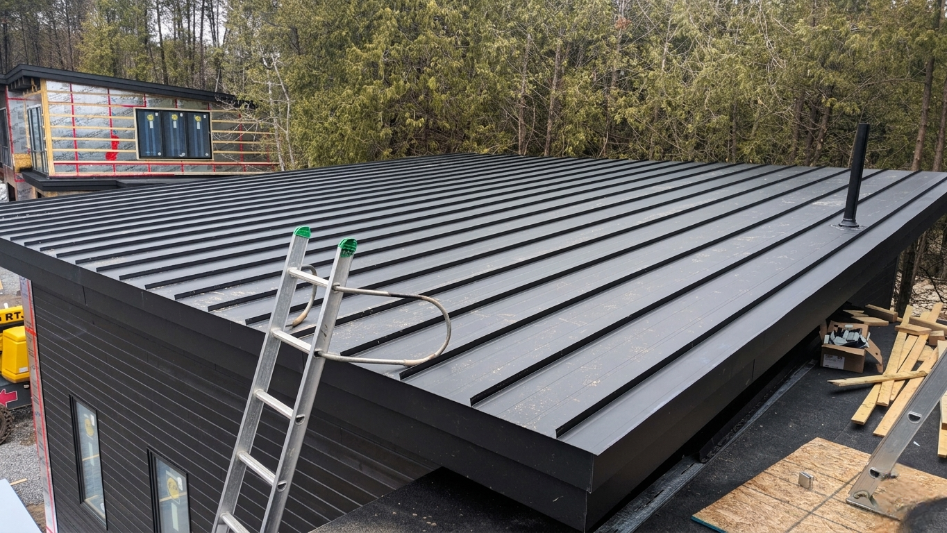 Finished low-slope standing seam section on the same lakefront modern estate.