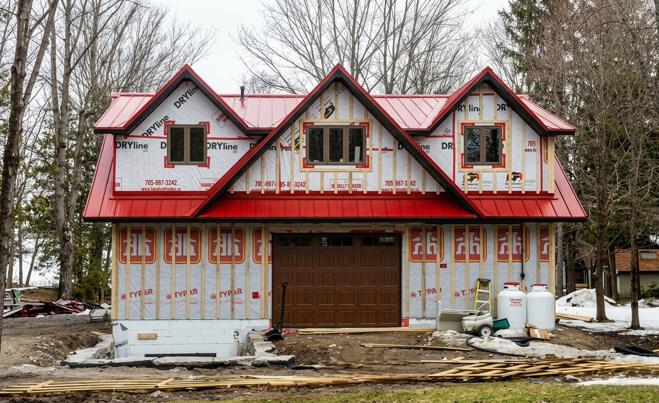 Front elevation of a residential new build with a red steel roof.