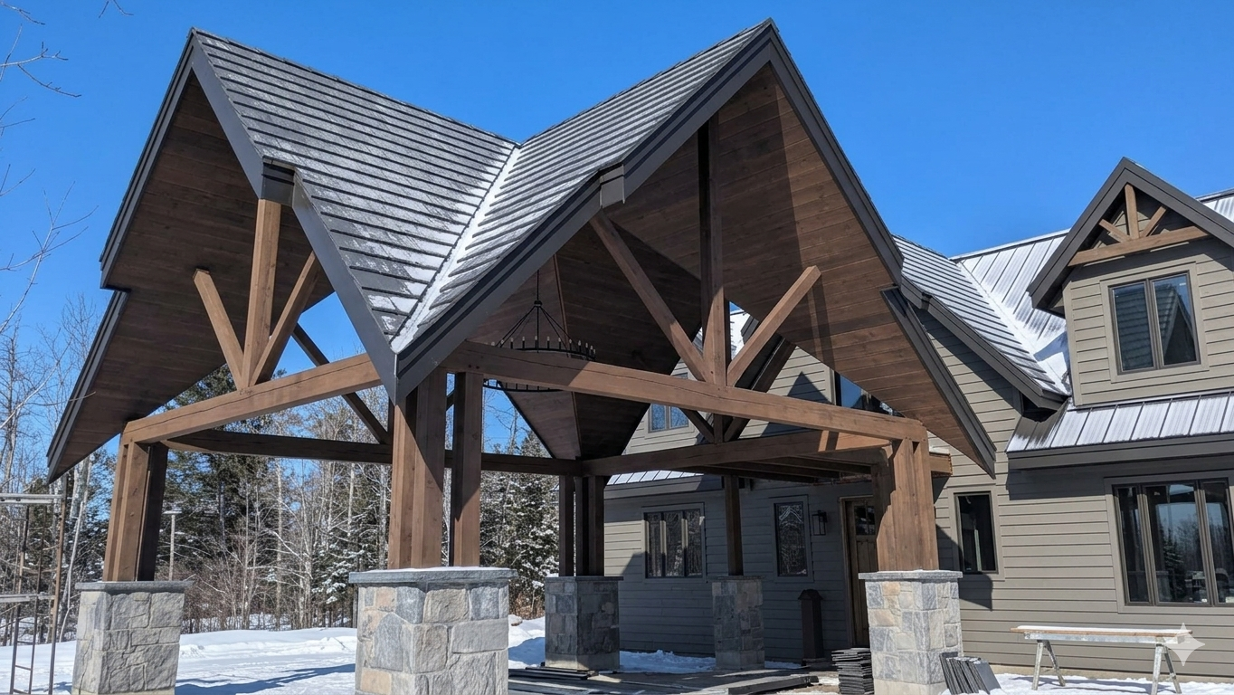 Finished front angle of a timber-frame entry with a dark metal roof.